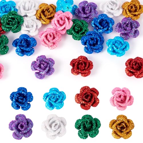 FASHEWELRY 32 Stück 3D-Rosen-Aluminiumperlen mit glänzenden Pailletten, bunte Abstandshalter für DIY-Schmuckherstellung, Armband, Halskette, Perlen-Bastelbedarf von FASHEWELRY