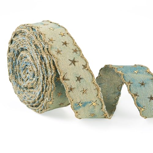 FASHEWELRY 4,5 m goldene Stern-Denim-Stoffbänder, 2,5 cm, Polyester, Jeansstoffband, Retro-Denim-blaues Band zum Nähen von Kleidungsstücken, Vorhängen, Dekoration von FASHEWELRY