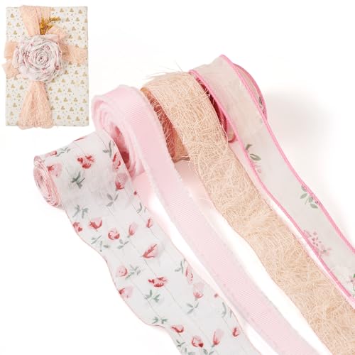 FASHEWELRY 4 Rollen rosa Blumen Drahtbänder 8 Yards Rose Floral Craft Ribbon Flower Printed Lace Trim Ribbon Romantic Pink Ribbons for Bow Kranz Gift Wrap Wedding Bridal Bouquet von FASHEWELRY