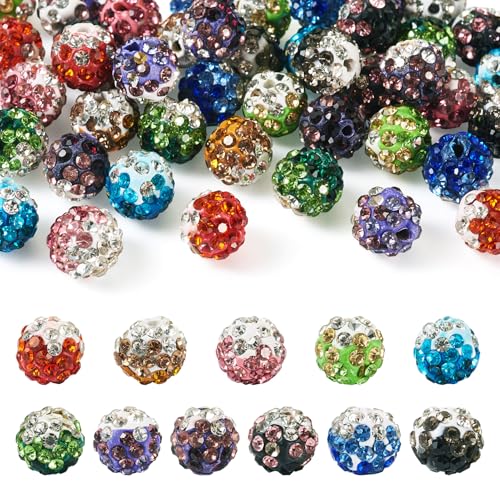 FASHEWELRY 44 Stück Strass-Ton-Perlen, 9,5–10,5 mm, Discokugel-Perlen, Polymer-Ton, runde Perlen, Glitzer-Diamant-Perlen, Abstandshalter für Perlenstifte, Schlüsselbänder, Schlüsselanhänger, Taschen, von FASHEWELRY