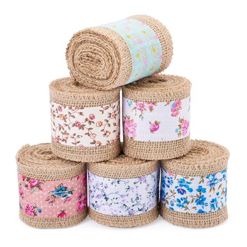 FASHEWELRY 6 Rollen Juteband mit Blumendruck, 6,4 cm breit, Juteband mit floralem Spitzenbesatz, Band für Basteln, Heimdekoration, Geschenkverpackung, Hochzeitsdekoration von FASHEWELRY