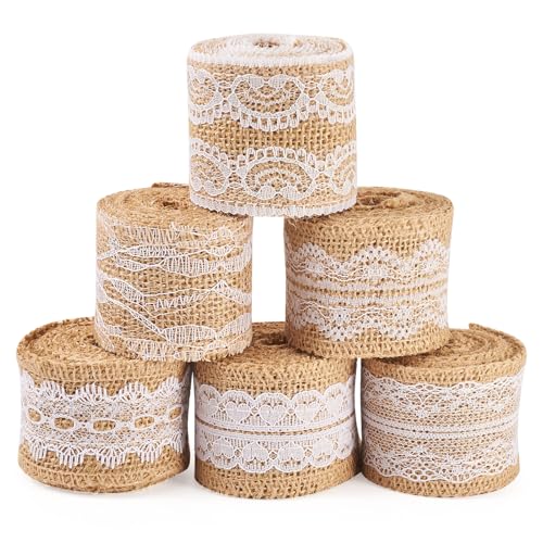 FASHEWELRY 6 Rollen weißes Spitzenband aus Jute, 50–60 mm breit, rustikales weißes Blumenspitzenband für Kränze, Basteln, Heimdekoration, Geschenkverpackung, Hochzeitsdekoration von FASHEWELRY