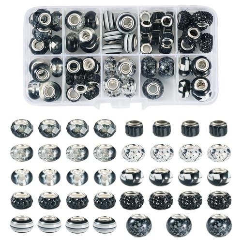 FASHEWELRY 67 Stück europäische Strassperlen, schwarze Polymer-Ton-Perlen, 11 mm, großes Loch, Rondelle, Bastelperlen für Charms, Armbänder, Halsketten, Schmuckherstellung, DIY-Stifte, Dekorationen von FASHEWELRY