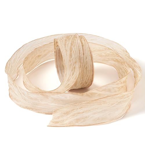 FASHEWELRY Chiffon-Spitzenbänder, 2,5 cm, handgefertigt, Tüll-Seidenband, transparenter beiger Stoff für Bastelarbeiten, Brautblumenstrauß, Hochzeitsdekoration, Geschenkverpackung, 1 Rolle von FASHEWELRY