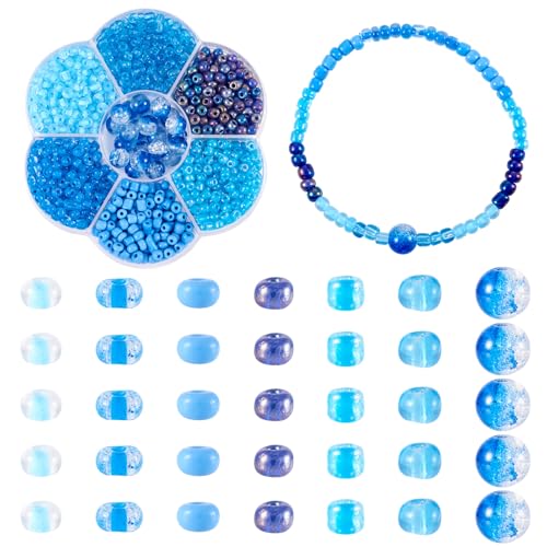 FASHEWELRY Kleine Glas-Rocailles, 90 g, 4 mm, Blau, winzige Bastelperlen mit 22 runden Glasperlen für DIY-Ohrringe, Armbänder, Schmuckherstellung, Handwerk von FASHEWELRY