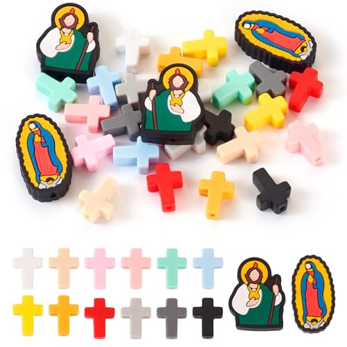 FASHEWELRY Religionskreuz-Silikonperlen, Jesus, Jungfrau Maria, Silikonperlen, Anhänger für Schlüsselbänder, Schlüsselanhänger, Armbänder, Halsketten, Schmuckherstellung, 28 Stück von FASHEWELRY