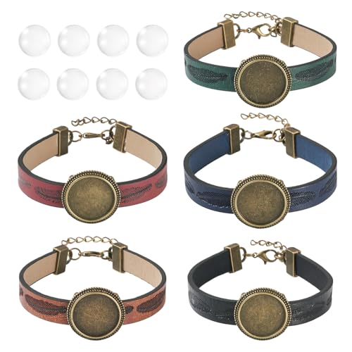 FASHEWELRY Verstellbares, rundes Armband-Set, PU-Leder, Kordel, Armband, Rohlinge, Lünette, Tablett, Einstellungen mit runden Glas-Cabochons für Schmuckherstellung, 5 Stück (Antik-Bronze) von FASHEWELRY