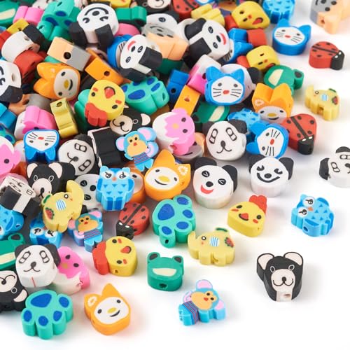 Fashewelry 150 Stück Ton-Polymerperlen, flache Tonperlen für Freundschaftsarmbänder, gemischte Formen, Katze, Hund, Panda, Frosch, Ton, Tier-Polymer-Ton-Perlen für Schmuckherstellung, Bastelbedarf von FASHEWELRY