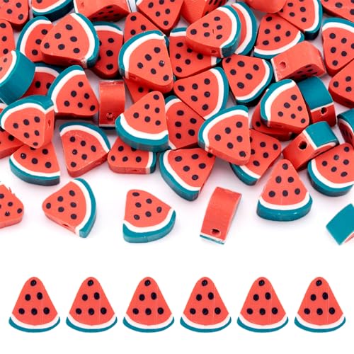 Fashewelry 50 Stück handgefertigte Polymer-Ton-Wassermelonen-Perlen, rote schöne Früchte, lose Abstandshalter, 9,5 ~ 10,5 mm, für DIY-Schmuckherstellung, Loch: 1,8 mm von FASHEWELRY