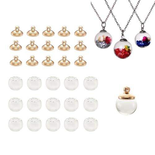 Fashewelry Leere Hohlkugelperlen aus geblasenem Glas, 14 mm, klare Kuppel, Wunschflaschen für Ohrringe, Schmuckherstellung, 10 mm Kappe im Lieferumfang enthalten, 20 Stück (Gold) von FASHEWELRY