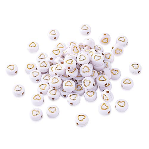 Fashewries, 200 Stück 7 mm weiße Acrylperlen flach rund mit goldenem Herz überzogene Abstandshalter Perlen für Armband Halskette DIY Schmuckherstellung von FASHEWELRY