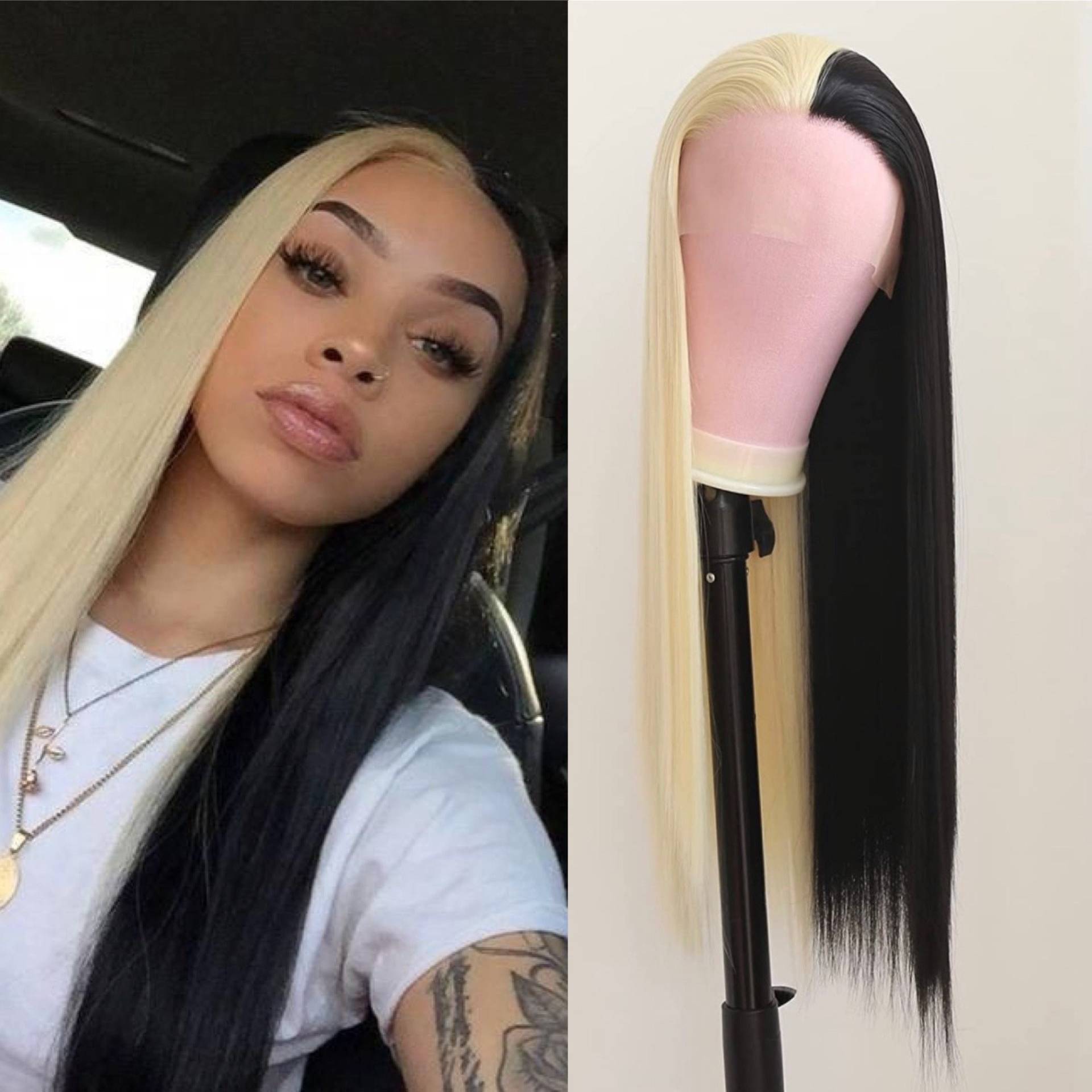 22" Blonde & Schwarze Straight Split Dye Spitzen Perücke Vorne Neu von FASHIONDEITY