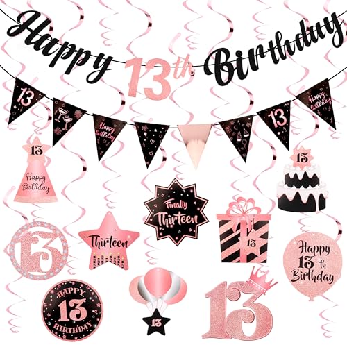 FASOTY 13 Geburtstag Dekorationen für Mädchen Rose Gold Vormontiert 13 Geburtstag Dekoration Set Happy 13th Birthday Banner 13 Jahre alt Mädchen Geburtstag Party Supplies von FASOTY