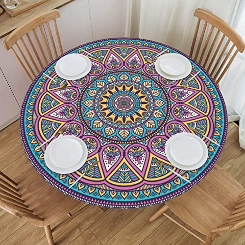 Indische Boho-Tischdecke, rund, Mandala-Blume, Blaugrün, Lila, Tischdecke mit elastischem Rand von FATTTYCY