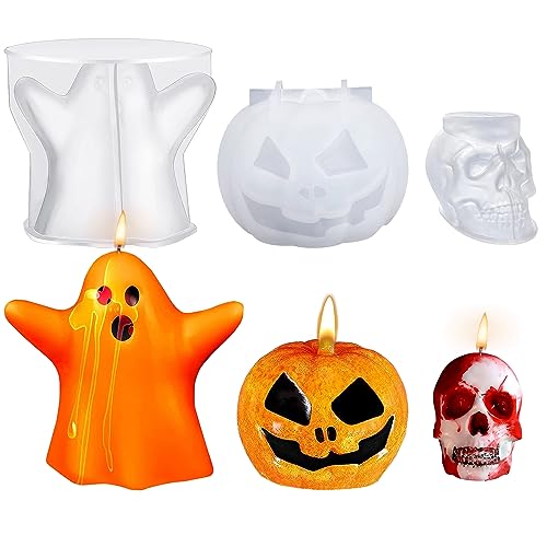 FAURAPMNG 3 Stück Kürbis-Geister-Schädel-Halloween-Kerzenformen, 3D-Halloween-Kürbis-Geister-Harz-Silikonformen für DIY-Epoxidharz, Kürbis-Silikon-Kerzenformen für Halloween-Dekoration von FAURAPMNG