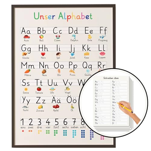 ABC Poster für Kinder 50x70cm mit Rahmen, inkl. Übungsblätter - Poster Kinderzimmer, Kinder Lernposter ABC und Zahlen - für Einschulung und Buchstaben lernen - Premium-Druck 50x70 cm mit Rahmen von FAVELOT