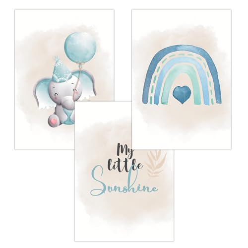 FAVELOT Poster Kinderzimmer Jungen A4 - Regenbogen, Elefant, Aquarell Blau - Bilder Babyzimmer Deko - Deutscher Premium-Druck - 3er Set Din A4 von FAVELOT