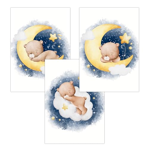 FAVELOT Poster Kinderzimmer Jungen und Mädchen A4 - Wolken, Teddy, Blau - Bilder Babyzimmer Deko - Deutscher Premium-Druck - 3er Set Din A4 von FAVELOT