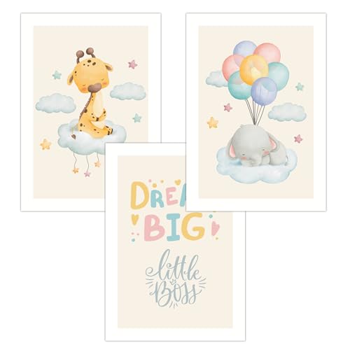 FAVELOT Poster Kinderzimmer Jungen & Mädchen A4 - Wolken, Tiere, Bunt Beige - Bilder Babyzimmer Deko - Deutscher Premium-Druck - 3er Set Din A4 von FAVELOT