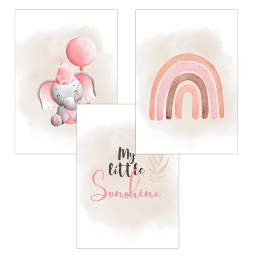 FAVELOT Poster Kinderzimmer Mädchen A4 - Regenbogen, Elefant, Aquarell Rosa - Bilder Babyzimmer Deko - Deutscher Premium-Druck - 3er Set Din A4 von FAVELOT