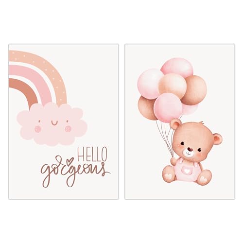 FAVELOT Poster Kinderzimmer Mädchen A4 - Regenbogen, Rosé - Bilder Babyzimmer Deko - Deutscher Premium-Druck - 2er Set Din A4 von FAVELOT