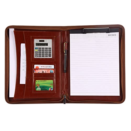 A4 Zwischenablage Ordner mit Speicher, A4 Zipped Leather Portable Conference Folder Clipboard With Calculator Business Presentation Writing Pad With Portable Handle(Bruin) von FBHDKJNFG