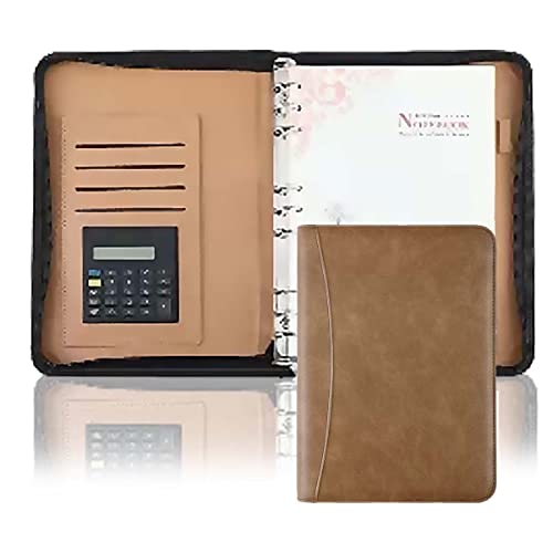 A4 Zwischenablage Ordner mit Speicher, Binder 6 Ring With Zippered Writing Pad Legal Size Leather Professional Folder For Interview Business(Bruin) von FBHDKJNFG