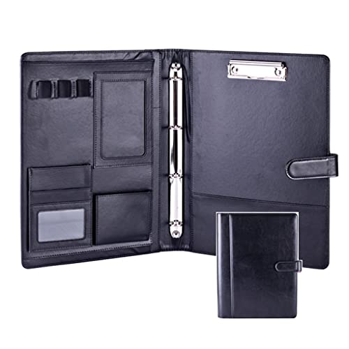 A4 Zwischenablage Ordner mit Speicher, Binder Leather Business Interview Folder With 4 Ring Notepad For Women/Men(Svart,No calculator) von FBHDKJNFG