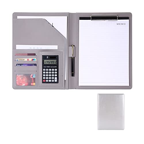 A4 Zwischenablage Ordner mit Speicher, Folder Clipboard Professional Faux Leather Travel Organizer Pouch With Calculator With A4 Size Clipboard(Light Grey,A) von FBHDKJNFG