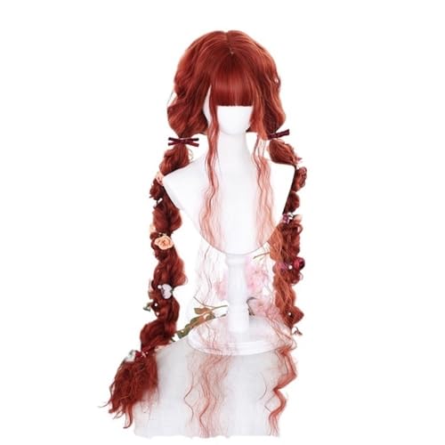 FBHDKJNFG Kurzhaarperücke Anime, Kostümperücke für Anime Kunsthaar, 120 cm lang, lockig, blond, schwarz, Harajuku-Perücke mit Pony, Perücken for Damen, hitzebeständig(Rood) von FBHDKJNFG