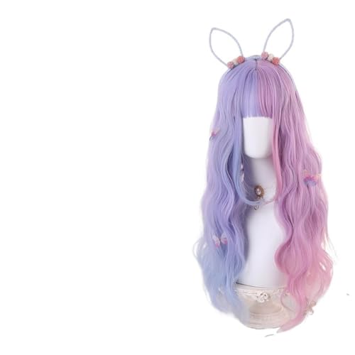 Kurzhaarperücke Anime, Kostümperücke für Anime Weiche, halb blaue, halb violette Perücke mit Pony und langem lockigem Haar for Mädchen von FBHDKJNFG