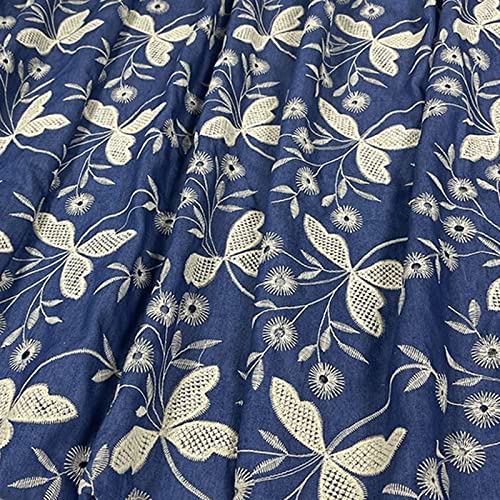 Jeansstoff, exquisiter Jeansstoff mit Blumenstickerei, dünner Polyester-Baumwollster-Baumwollstoff, gewaschenes Material, hochwertiges Kostüm-Bastelmaterial, DIY-Handnähstoff (Farbe: Blau 2) von FBHappiness