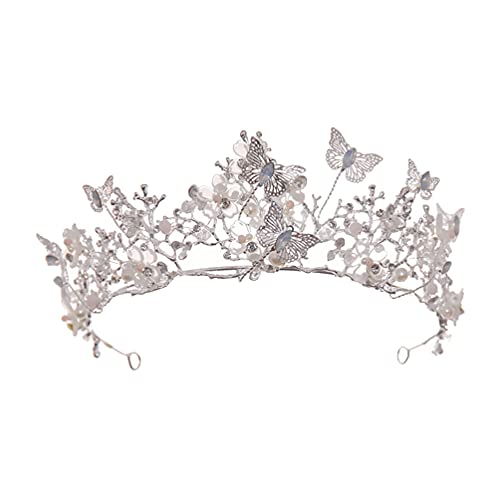 Perlen-Tiara, Braut-Stirnband mit Strasssteinen, silberne Kristalle, Schmetterlie Kristalle, Schmetterlingskrone, Edelstein-Haarreif, Haarband, Festzug-Kopfbedeckung (Farbe: Silber) (Silber) von FBHappiness