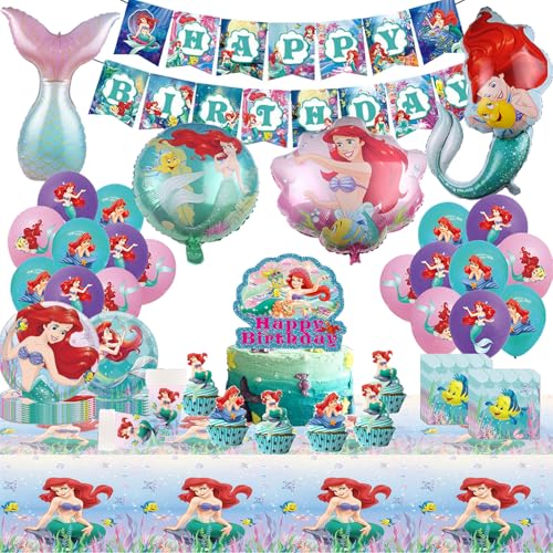 Meerjungfrau Partygeschirr,99pcs Meerjungfrau kindergeburtstag deko,Meerjungfrau Party Tischdecke,Meerjungfrau Luftballons Dekoration,Set Kindergeburtstag für 10 Personen von FCMTFV