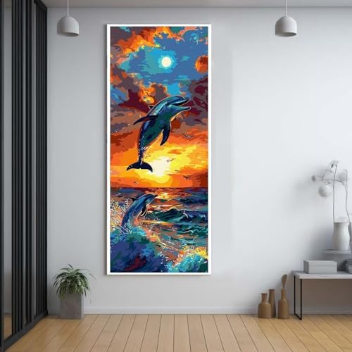 Diamond Painting Sonnenuntergang Delfine diamond painting erwachsene groß xxl 90x250cm，5D diamond painting set mit Zubehör Full Square Set，DIY Cross Stickerei Deko Wohnzimmer Schlafzimmer Eingang F23 von FCNUEBVGL