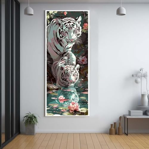 Diamond Painting Tiger Lotusblume diamond painting erwachsene groß xxl 60x150cm，5D diamond painting set mit Zubehör Full Square Set，DIY Cross Stickerei Deko Wohnzimmer Schlafzimmer Eingang Wand G38 von FCNUEBVGL