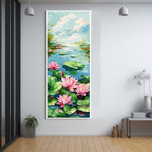 FCNUEBVGL Diamond Painting Lotus Teich 60x150cm，5D Daiments Painting Erwachsene mit Diamond Painting Zubehör，Groß Diamont Painting bilder Set Full Round Drill Geschenk für mädchen Home Wall Décor B68 von FCNUEBVGL