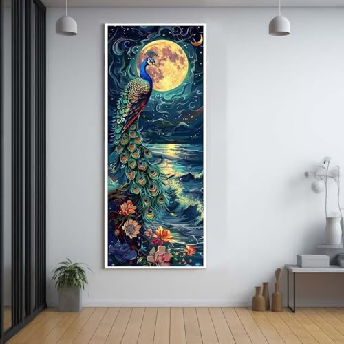 FCNUEBVGL Diamond Painting Mond Pfau 60x150cm，5D Daiments Painting Erwachsene mit Diamond Painting Zubehör，Groß Diamont Painting bilder Set Full Round Drill Geschenk für mädchen Home Wall Décor B86 von FCNUEBVGL