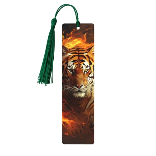 Cooles Tiger in Flamme Lesezeichen, Holz-Lesezeichen für Buchliebhaber, handgefertigtes Holz-Lesezeichen mit Quaste, Lesezeichen, Ornament, Geschenkanhänger, Etiketten für Basteldekorationen von FCTVASDM