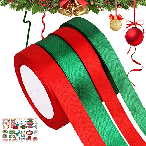 Satinband Schleifenband 4pcs Geschenkband Kommt Mit 32 Nachrichtenaufklebern für Weihnachtsgeschenkverpackung Geschenkband Set Dekoration Blumenstrauß Handwerk Rot GrüN Jede Rolle Ist 22 M Lang von FCXQG