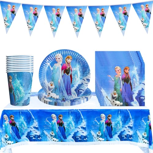 FCXVXCL Froze Partygeschirr, 61Pcs Partygeschirr Set, Tischdeko Geburtstag Mädchen mit Tischdecken Tassen Strohhalme Servietten für Geburtstagsdeko Mädchen Partys 10 Gäste von FCXVXCL