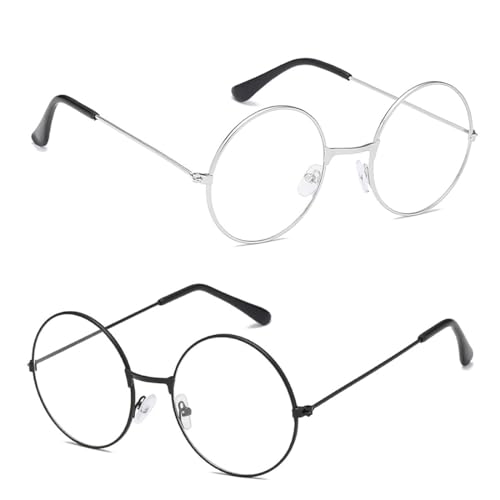 FDCGAS Brille mit Rundgläsern - 2 pcs Retro Sechziger Jahre Stil Klarglas Gläser,Runde Brille als Kostümergänzung Cosplay Retro-Partys Gläser Zubehör zum Anziehen, Klassische Vint von FDCGAS