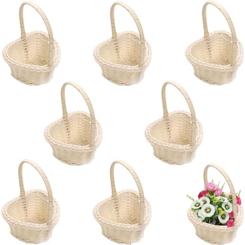 Blumenkorb Hochzeit Weiß, 8 Stück Hochzeitskorb mit Henkel, Mini Blumenkorb, Hochzeit Süßigkeiten Rattan, Blumenmädchen Korb mit Henkel für Hochzeit, Tischdeko, Zeremonie Party(Weiß, S) von FDDU