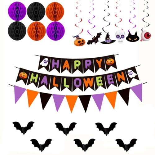 FDEETY Halloween Banner Dekoration Set Geburtstag Deko Banner Luftballons Torten Laterne Flagge Kürbis Dekoration Männer Frauen von FDEETY