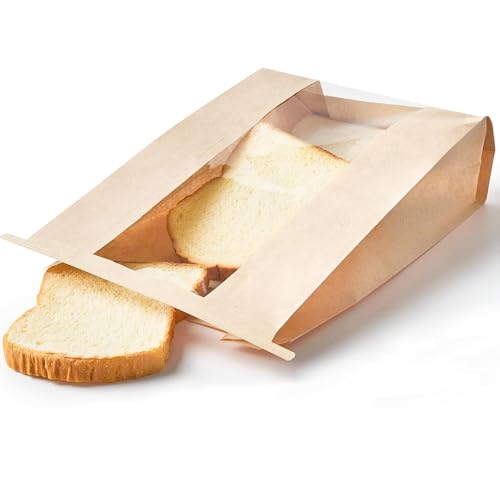 FDHBDF 50 Stück Papiertüten Braune Kraftpapiertüten Butterbrottüte Brottüten mit Sichtfenster, für Brot Süßigkeiten Sandwiches Kekse Toast – 12x5x23 cm von FDHBDF