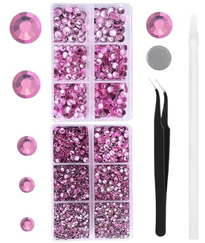 FDHBDF 6600 Stück heiße PINK Hotfix-Strasssteine, Kristall-Edelsteine, Glas für Trinkgläser, Kleidung, Hemden, Glitzer, Flache Rückseite, rund, mit Pinzette und Picking-Stift von FDHBDF