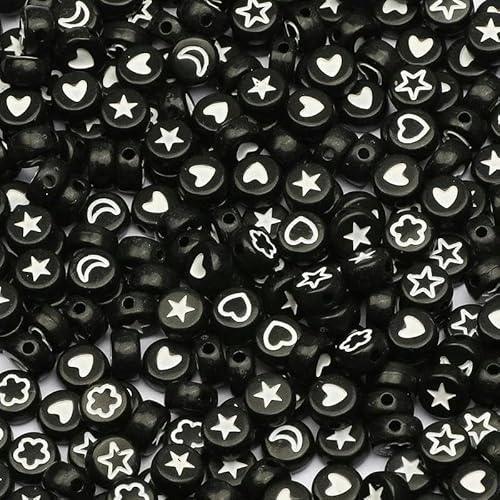 Flache, runde, 4 x 7 mm, 100 Stück, schwarze Acrylperlen mit buntem Blumen-, Herz- und Mondmuster, Acryl-Abstandshalterperlen zur DIY-Schmuckherstellung-B08464-500 Stück von FDIMALTOR