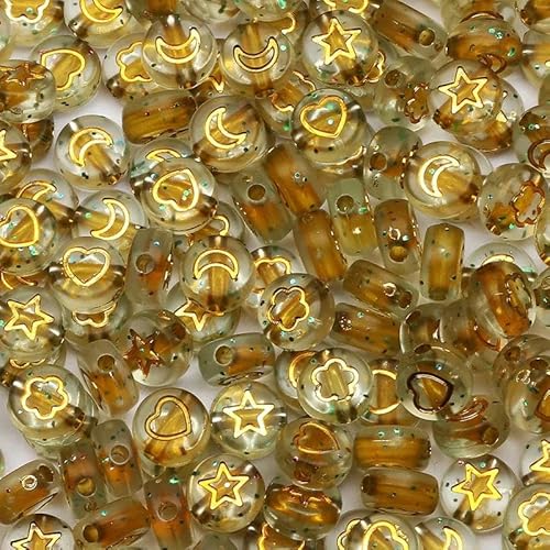 Flache, runde, 4 x 7 mm, 100 Stück, schwarze Acrylperlen mit buntem Blumen-, Herz- und Mondmuster, Acryl-Abstandshalterperlen zur DIY-Schmuckherstellung-B08990-500 Stück von FDIMALTOR