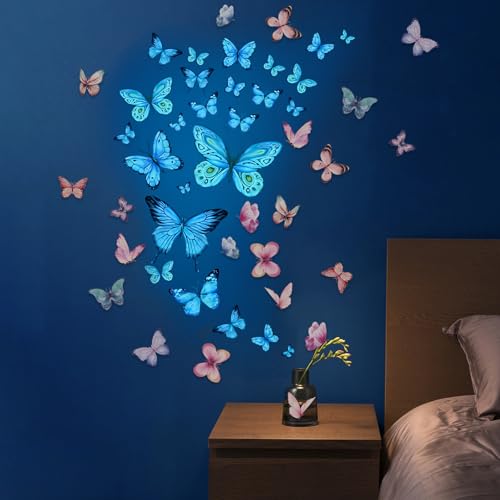 1 Pcs Leuchtend Schmetterling Wandaufkleber, 4 Pcs Aquarell Schmetterlinge Rosa Wandaufkleber, Schmetterling Deko Wandsticker, Luminous Schmetterling Sticker, Für Wohnzimmer Schlafzimmer Kinderzimmer von FDJZXW