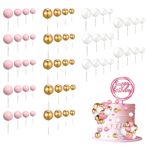 60 Stück Tortendeko Kugeln, Kuchen Dekoration Kugel, Schaumkugeln Cupcake Topper, Schaum Ball Kuchen Picks, 1 Set mit 3 Farben und 4 Größen, für Hochzeit Bedarf Deko(Rosa) von FEADBYT